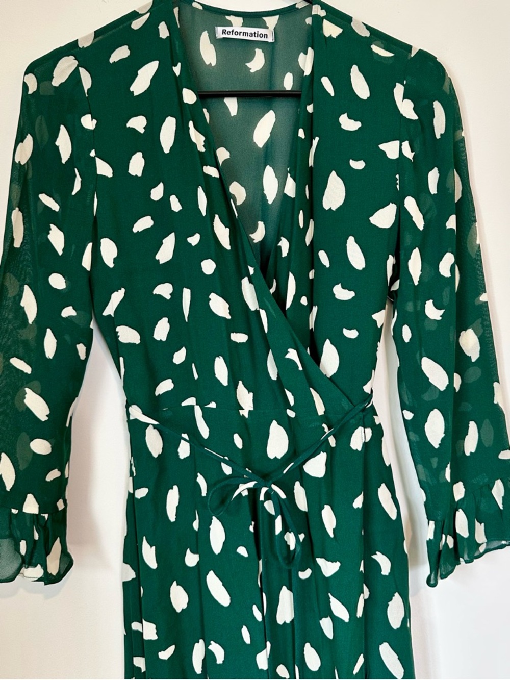 Reformation Mulberry Dress Forest Green & White Printed Wrap High-Low Dress - S - Picture 5 of 13